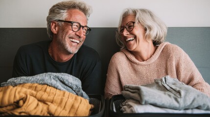 mature smiling couple trying to close overstuffed suitcase with too much clothes for vacation senior man and mid woman having fun while packing suitcase full with clothes for holiday copy space no lo
