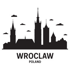 Naklejka premium Wroclaw skyline horizontal banner. Wroclaw, Poland. Vector template for your design. Vector Black Silhouette. With Inspirational Background