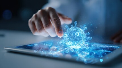 hand using tablet with creative glowing blue medical hologram medicine technology concept double exposure no logos no brands ar 169