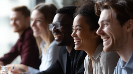 Fototapeta premium diverse group of young businesspeople laughing while sitting together in a row at an office desk during a meeting no logos no brands ar 169