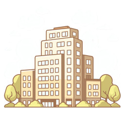 Naklejka premium A modern multistory urban building with green trees and a clear sky, featuring multiple windows and a structured exterior design.