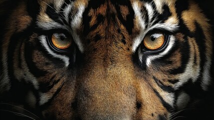 Symmetrical close-up of a tiger's face with piercing golden eyes and bold black stripes framed by dark fur, capturing the raw power and majesty of the big cat in a dramatic portrait