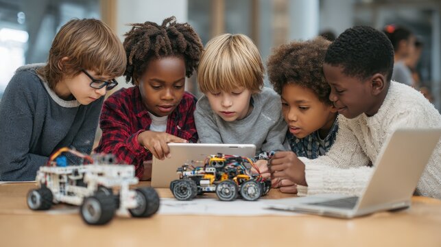 multiracial school kids students making robotic cars using tablet computer diverse junior children pupils building robot vehicle learning at table at stem code ai engineering science education class