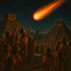 Fototapeta premium Ancient Civilization Observing Fiery Comet in the Sky From Sacred Structures – Dramatic Night Scene of Cosmic Omen and Prehistoric Astronomy