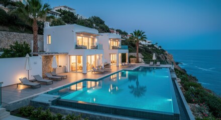 Fototapeta premium Elegant villa with ocean view and infinity pool at dusk in coastal area