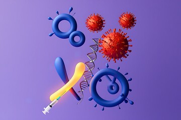 3d rendering of virus particles, dna strand, and syringe on purple background
