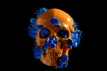 Colorful skull adorned with blue flowers for Halloween decoration