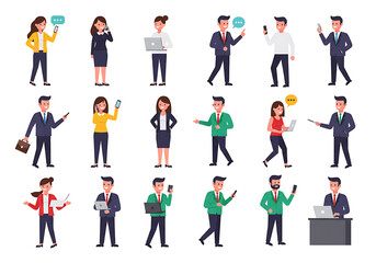 Collection of business people silhouettes including men and women in various walking and standing poses for teamwork illustration