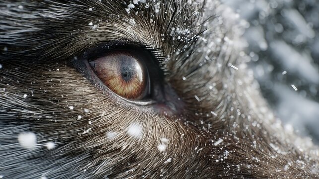 Macro photograph of wolf eye with snow-dusted fur and reflective golden brown iris amid winter forest atmosphere