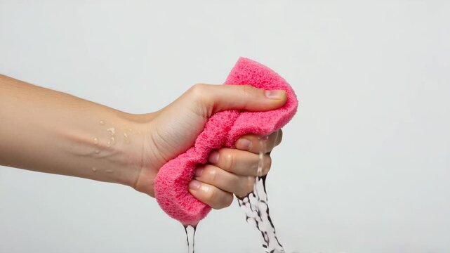 Hand squeezing pink sponge releasing water droplets over neutral background  