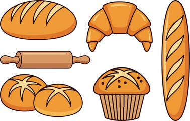 Bakery Clipart Set – Bread, Croissant, Baguette, Muffin, Bread Rolls, Rolling Pin Illustrations

