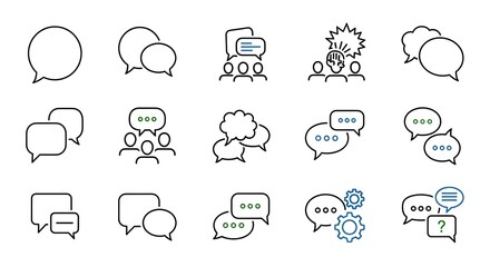 Collection of Speech Bubbles and Icons Representing Communication and Discussion Concepts