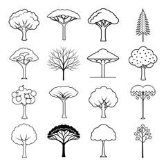 Collection of diverse tree icons featuring various species and styles for natural and environmental designs