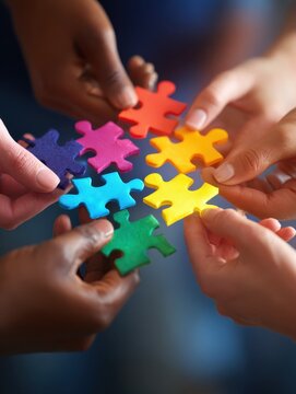 diverse hands connecting puzzle pieces to symbolize collaboration teamwork unity and problem solving in a bright and colorful setting