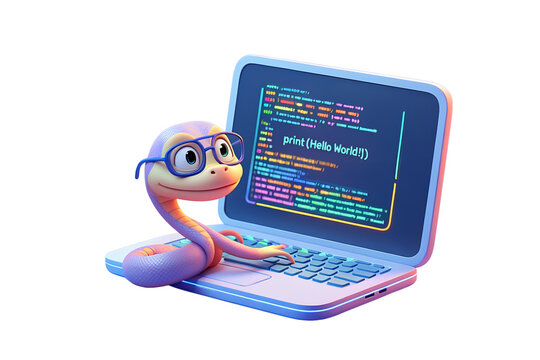 Playful 3d python snake typing on keyboard, programmer mascot, 3d tech reptile with tail