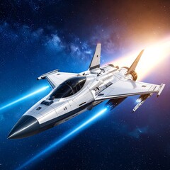 Sleek, white spaceship with dark accents, streaks of light, soaring through a cosmic backdrop