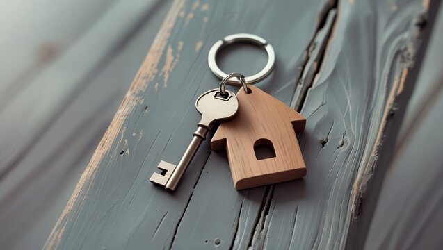 A silver key with a wooden house keychain rests on a gray wood surface, representing home ownership, real estate, and the concept of buying or renting property. - Powered by Adobe