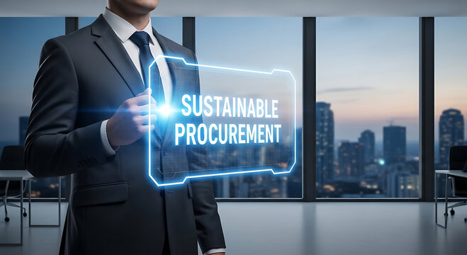 Forward-thinking professional interacts with a glowing screen highlighting sustainable business. - Powered by Adobe