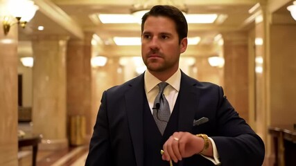 A punctual and professional adult man in a sharp navy suit checks his gold watch, focused and thoughtful, in an elegant hotel hallway.