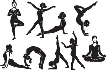 Yoga Poses Silhouettes Set - Women Meditation and Exercise Vector Icons Female Yoga Positions Collection - Black Silhouette Fitness Illustrations