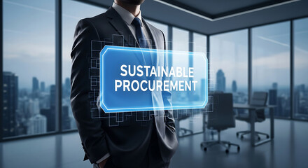A professional businessman interacts with a futuristic digital interface displaying "Sustainable Procurement" in a modern office.