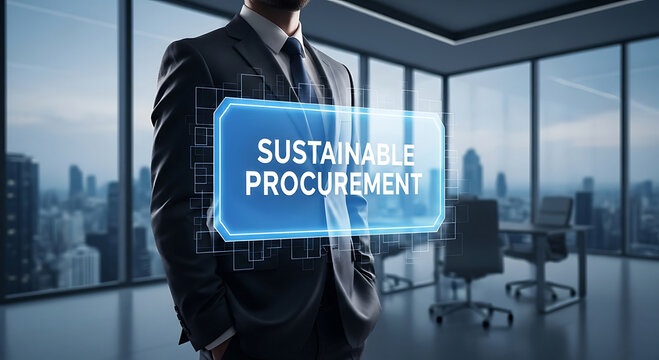 A professional businessman interacts with a futuristic digital interface displaying "Sustainable Procurement" in a modern office. - Powered by Adobe