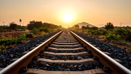 Fototapeta premium Sunset over a long, straight railway track receding into the distance
