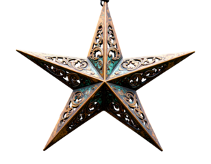 Ornate metal star decoration with intricate floral and scrollwork designs. Rustic cop isolated on a transparent background.
