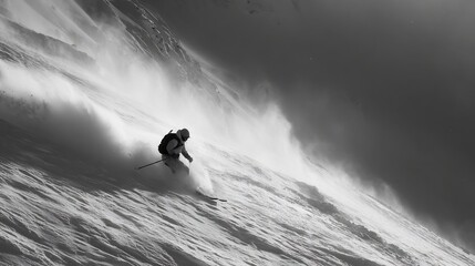 Skier descending snowy mountain slope extreme sports action dynamic winter black and white photo
