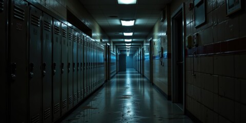Fototapeta premium Dark School Hallway with Lockers Evoking Mystery and Intrigue