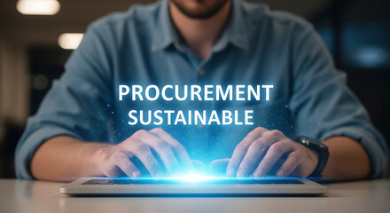 Hands interacting with a luminous screen, representing modern sustainable procurement strategies.