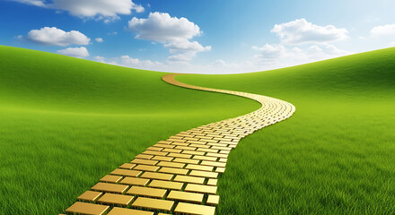 Golden path winding through lush green hills under a bright blue sky with scattered clouds