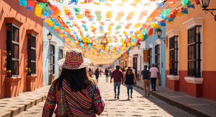 Fototapeta premium Exploring vibrant streets adorned with colorful decorations in a charming town atmosphere