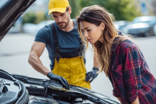 A man and woman are closely examining the engine compartment of a car in a parking area. The bright sunlight highlights their focused expressions as they troubleshoot an issue