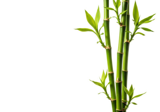 Green bamboo stems with fresh leaves and nodes in focus. Cut out PNG