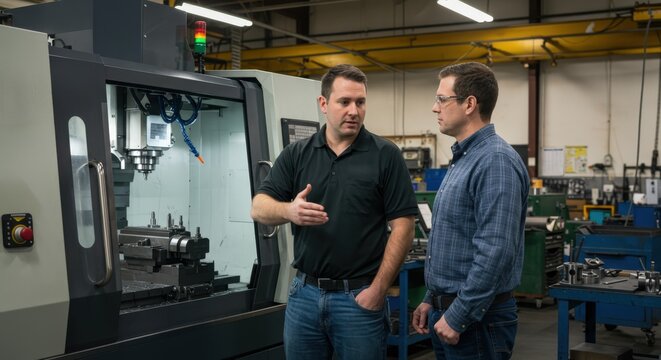 Engineers discussing CNC machine operations in a daylight manufacturing facility