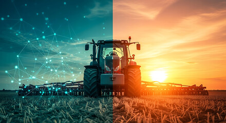 Precision farming represented by modern tractor against an orange sky at dusk reflecting