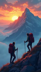 Two adventurous hikers silhouetted against a breathtaking sunset over majestic mountains