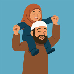 Joyful Muslim Father Carrying Daughter in Hijab on Shoulders with Raised Arms