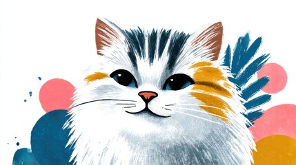 Obraz premium Playful Fluffy White Cat Doodle Artistic Illustration Cute Environment Cheerful Viewpoint