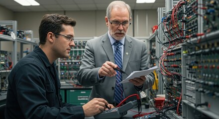 Engineers troubleshoot electrical circuits in a lab setting during work hours