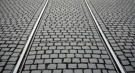 Textured cobblestone pathway with embedded tram rails showcasing urban transportation