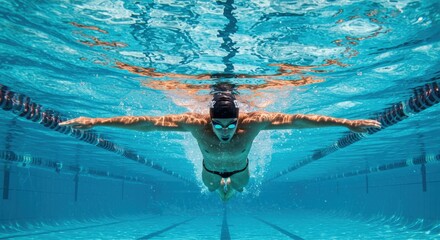 Swimmer practicing butterfly stroke in clear blue swimming pool water