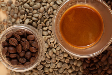 Various coffee drinks with chocolate truffles, beans and milk on beige background. Cozy flat lay for cafes, baristas, dessert menus, social media and coffee branding.