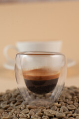 Various coffee drinks with chocolate truffles, beans and milk on beige background. Cozy flat lay for cafes, baristas, dessert menus, social media and coffee branding.