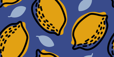 Lemon Fruit on Navy Blue Surface Pattern