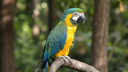Obraz premium Blue and yellow macaw perched on branch parrot green