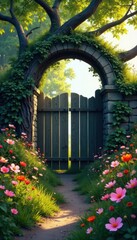 Twisted branches arch over weathered gate, wildflowers bloom , picturesque, sky, journey