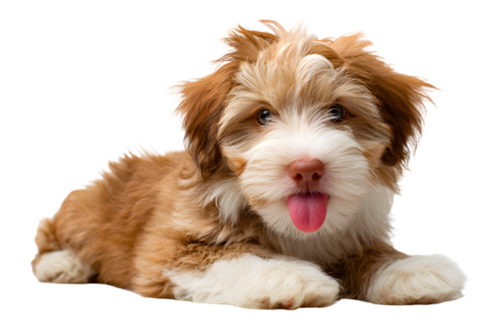 Fluffy brown and white puppy lying down with tongue sticking out isolated on transparent background