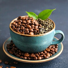 Fototapeta premium Teal cup filled with coffee beans and green tea leaves rests on a saucer of coffee beans